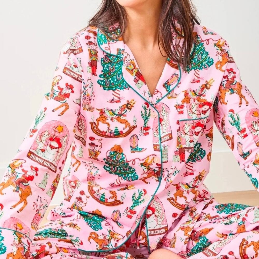 Printfresh Cowboy Christmas Pajama Top Size Medium Pink